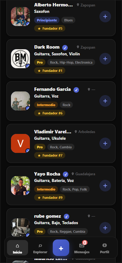 Feed de músicos reales cerca de ti en la app BandMate